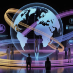 A futuristic digital landscape representing the Global Content Ecosystem — a glowing globe interconnected with vibrant data streams, holographic networks, and people collaborating virtually across continents. The scene should blend technology with humanity: diverse individuals, digital icons, AI patterns, and swirling abstract light trails symbolizing innovation and global connectivity in the digital age. Style: high-resolution, cinematic lighting, modern color palette (blue, purple, and neon accents), semi-realistic with a clean futuristic aesthetic