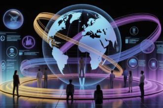 A futuristic digital landscape representing the Global Content Ecosystem — a glowing globe interconnected with vibrant data streams, holographic networks, and people collaborating virtually across continents. The scene should blend technology with humanity: diverse individuals, digital icons, AI patterns, and swirling abstract light trails symbolizing innovation and global connectivity in the digital age. Style: high-resolution, cinematic lighting, modern color palette (blue, purple, and neon accents), semi-realistic with a clean futuristic aesthetic