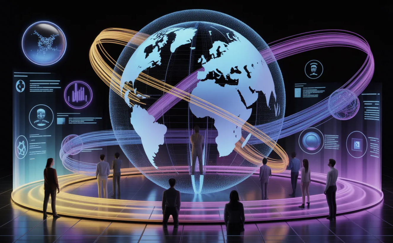 A futuristic digital landscape representing the Global Content Ecosystem — a glowing globe interconnected with vibrant data streams, holographic networks, and people collaborating virtually across continents. The scene should blend technology with humanity: diverse individuals, digital icons, AI patterns, and swirling abstract light trails symbolizing innovation and global connectivity in the digital age. Style: high-resolution, cinematic lighting, modern color palette (blue, purple, and neon accents), semi-realistic with a clean futuristic aesthetic